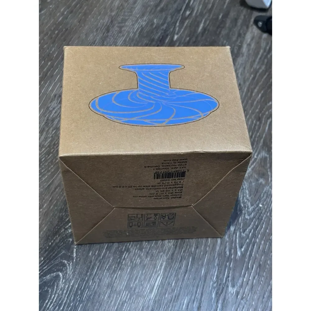 HAY Glass Candle Holder Blue Swirl Modern Danish Design Candlestick Open Box